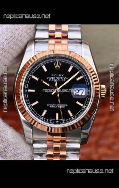 Rolex Datejust 36MM Cal.3135 Movement Swiss Replica Watch in 904L Steel Two Tone Casing Black Dial