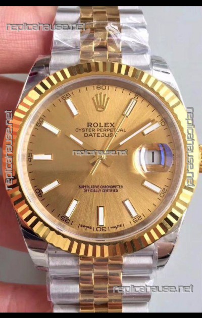Rolex Datejust 41MM Cal.3135 Movement Swiss Replica Watch in 904L Steel Two Tone Casing Gold Dial