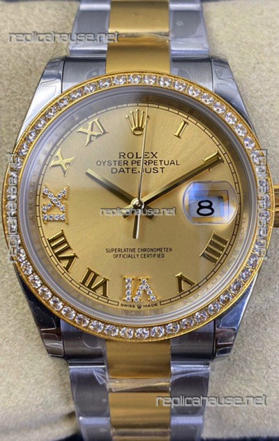 Rolex Datejust 36MM Cal.3135 Movement Swiss Replica Watch in 904L Steel Two Tone Casing Gold Dial