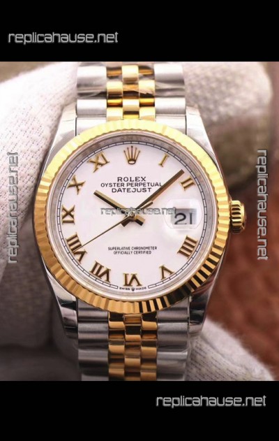 Rolex Datejust 36MM Cal.3135 Movement Swiss Replica Watch in 904L Steel Two Tone Casing White Dial