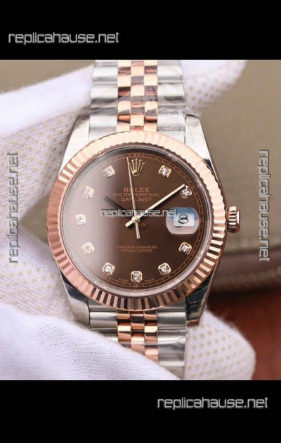 Rolex Datejust 41MM Cal.3135 Movement Swiss Replica Watch in 904L Steel Two Tone Brown Dial