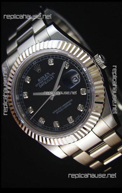 Rolex Datejust II 41MM with Cal.3136 Movement Swiss Replica Watch in Black Dial Diamonds Markers