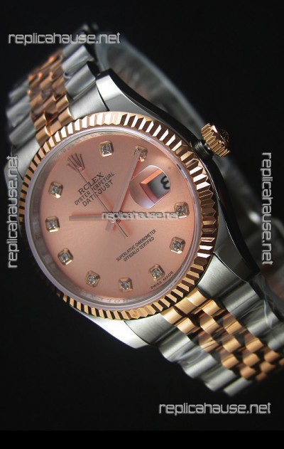 Rolex Datejust Replica Watch Rose Gold with Diamonds Dial in 36MM with 3135 Swiss Movement 