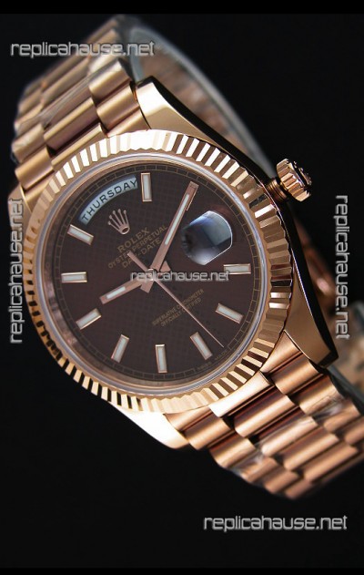 Rolex Day-Date 40MM Rose Gold in Brown Textured Dial Stick Markers