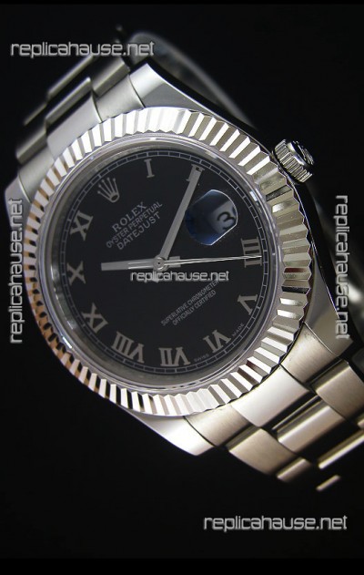 Rolex Datejust Japanese Replica Watch - Black Dial Roman Markers in 41MM with Oyster Strap