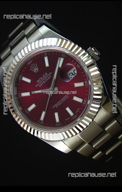 Rolex Datejust Japanese Replica Watch - Maroon Dial in 41MM with Oyster Strap