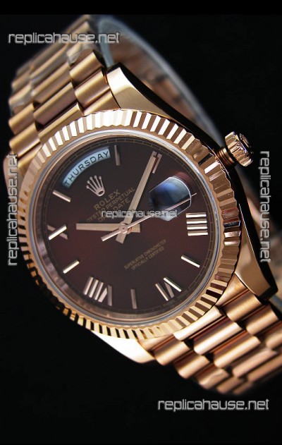 Rolex Day Date Japanese Replica Watch - Rose Gold Casing in Maroon Dial 40MM