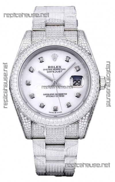 Rolex Datejust 41MM Swiss Replica - Iced Out Edition in White Pearl Dial