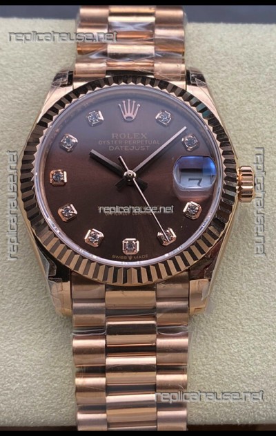 Rolex Datejust 31MM Swiss Watch in 904L Steel Rose Gold Chocolate Dial 1:1 Mirror Replica