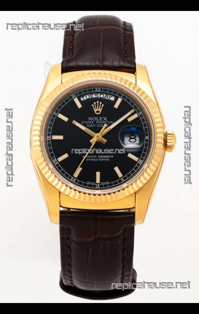 Rolex Day Date Yellow Gold 904L Steel Casing Watch in Black Dial 36MM - 1:1 Mirror Quality