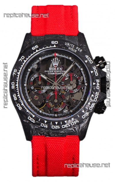 Rolex Daytona DiW Skeleton Carbon Edition Watch - Forged Carbon Casing Red Strap 1:1 Mirror Replica