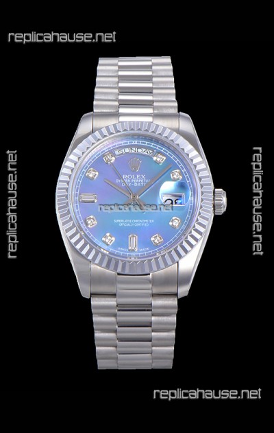 Rolex Day Date Watch in Blue Dial with Diamonds Hour Numerals ETA Movement - 904L Steel 