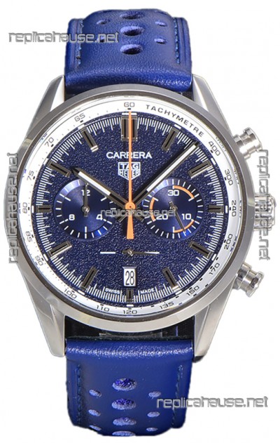 Tag Heuer Carrera Chronograph 43 Swiss Quartz Replica Watch Blue Dial Leather Strap