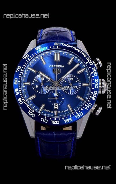 Tag Heuer Carrera Swiss Quartz Movement Replica Watch in Blue Dial - Blue Leather Strap