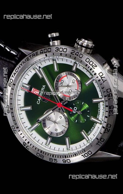 Tag Heuer Carrera Swiss Quartz Movement Replica Watch in Green Dial - Black Leather Strap