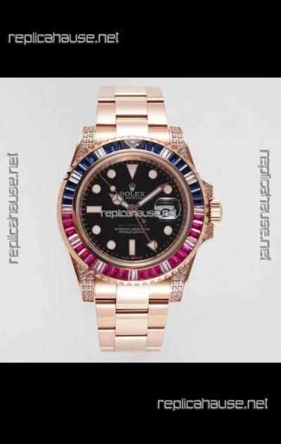 Rolex GMT Masters II Diamonds Swiss watch with Rose Gold 904L Case - 1:1 Mirror Quality 