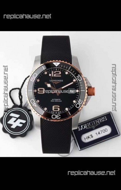 Longines HydroConquest 1:1 Swiss Replica Watch in Black Dial Rubber Strap Rose Gold Bezel