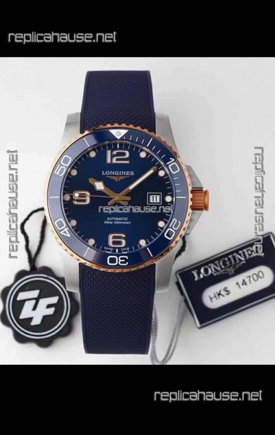 Longines HydroConquest 1:1 Swiss Replica Watch in Blue Dial Rubber Strap Rose Gold Bezel