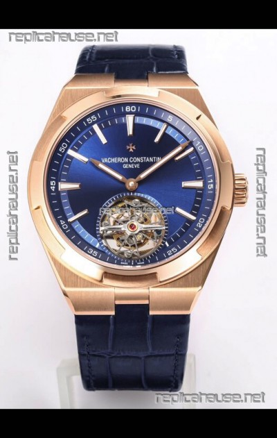 Vacheron Constantin Overseas Tourbillon Rose Gold in Blue Dial Leather Strap 1:1 Mirror Replica