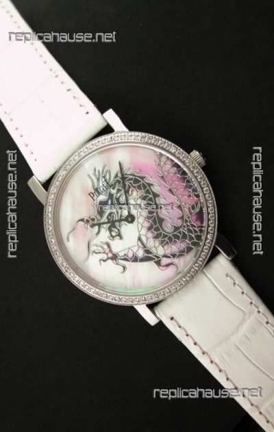 Piaget Mecanique Dragon Replica Watch in White Leather Strap