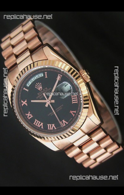 Rolex Day Date Swiss Rose Gold Watch in Black Dial