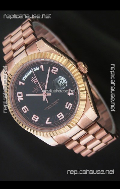 Rolex Day Date Swiss Replica Steel Watch in Black Dial