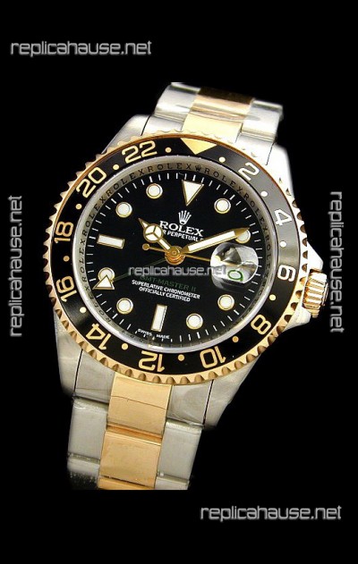 Rolex GMT Master II Swiss Replica Two Tone Gold Watch in Black Dial