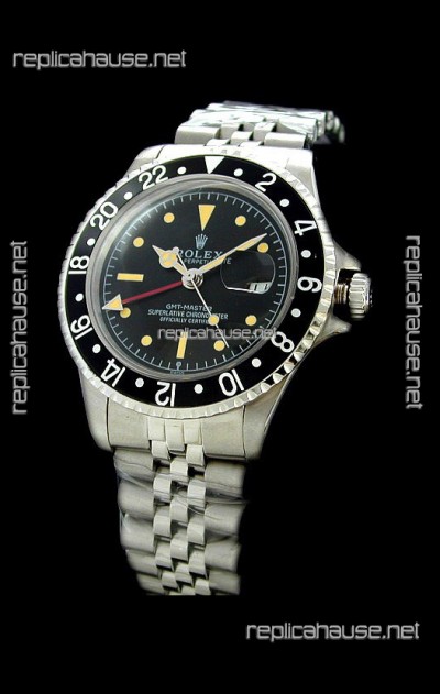 Rolex GMT Master Swiss Replica Steel Watch in Black Bezel
