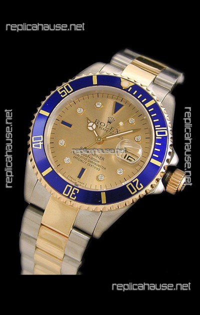 Rolex Submariner Oyster Perpetual Japanese Replica Two Tone Gold Watch in Blue Bezel