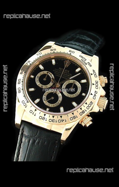 Rolex Daytona Cosmograph Swiss Replica Gold Watch in Black Leather Strap
