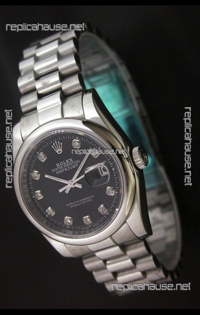 Rolex Datejust Oyster Perpetual Diamonds Japanese Watch in Black Dial