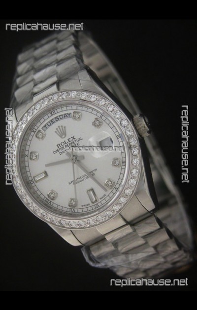 Rolex Day Date Just Japanese Replica Watch in Full Diamond Bezel