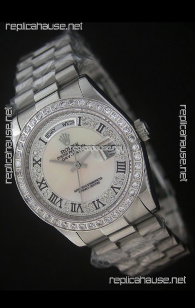 Rolex Day Date Just swiss Replica Watch in Mop Scream White Dial