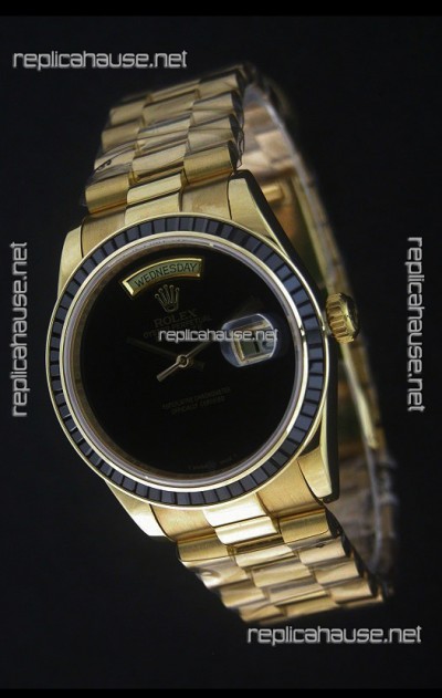 Rolex Day Date Just swiss Replica Yellow Gold Watch in Black Dial