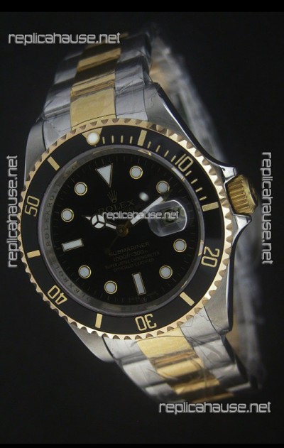 Rolex Submariner Oyster Perpetual Two Tone Watch in Black Ceramic Bezel