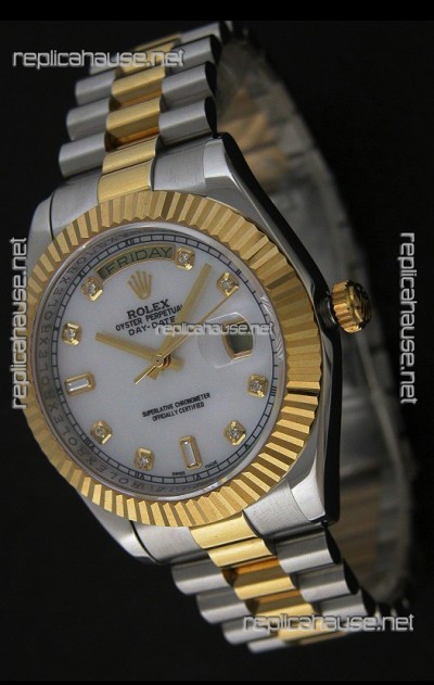 Rolex Day Date Just swiss Replica Two Tone Gold Watch in Mop White Dial