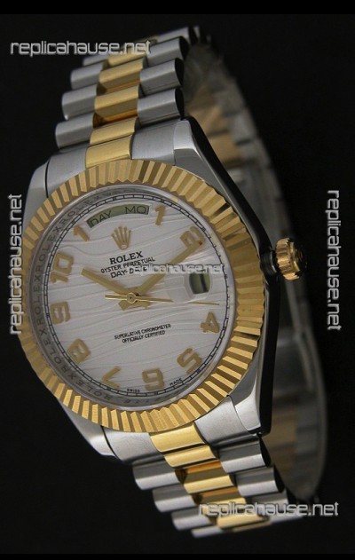 Rolex Day Date Just swiss Replica Two Tone Gold Watch in White Stripe Pattern Dial