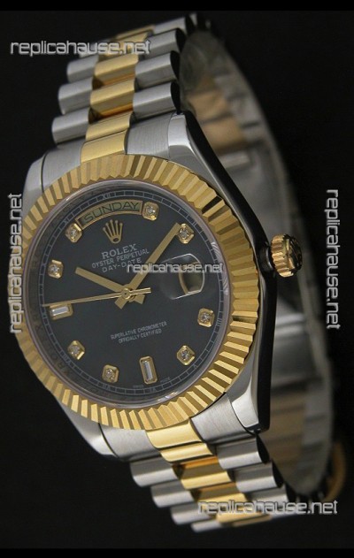 Rolex Day Date Just Japanese Replica Two Tone Gold Watch in Mop Grey Dial