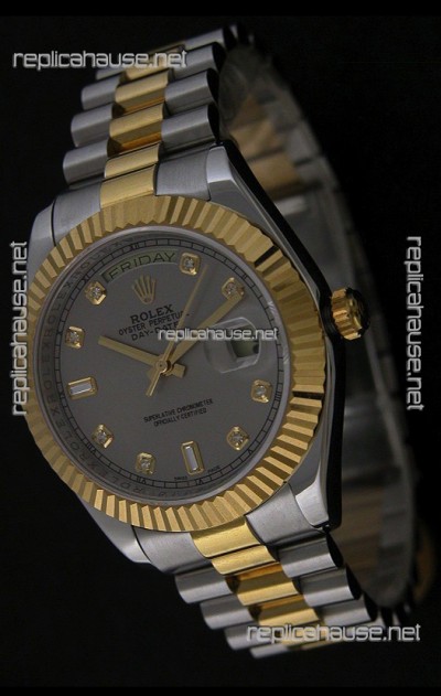 Rolex Day Date Just Japanese Replica Two Tone Gold Watch in Grey Dial