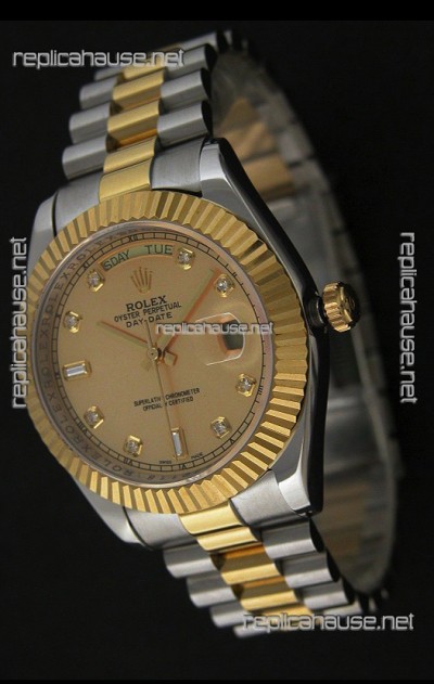 Rolex Day Date Just Japanese Replica Two Tone Gold Watch in Golden Dial