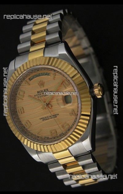 Rolex Day Date Just Japanese Replica Two Tone Gold Watch in Golden Stripe Pattern Dial 