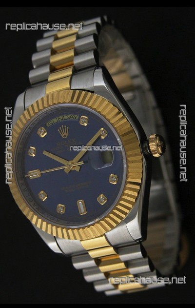 Rolex Day Date Just Japanese Replica Two Tone Gold Watch in Light Blue Dial 