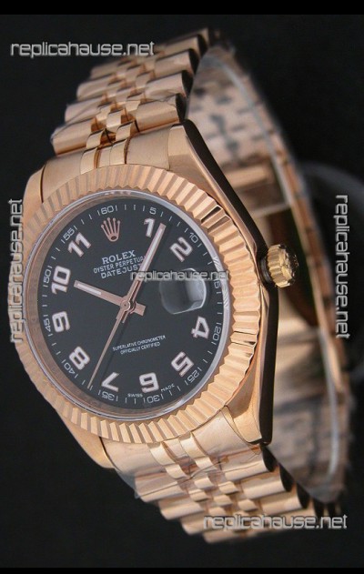 Rolex Datejust Swiss Replica Rose Gold Watch in Black Dial