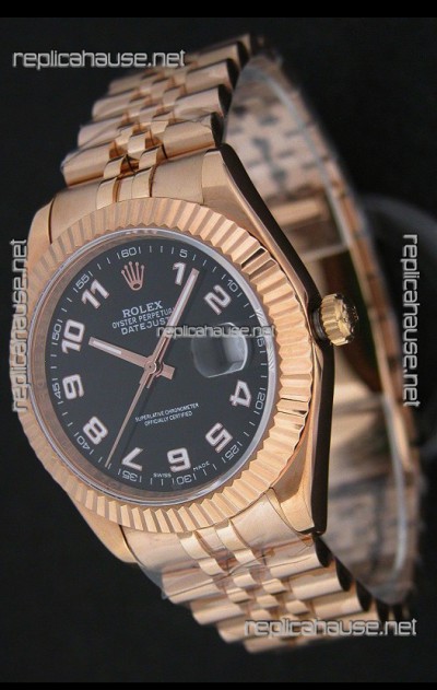 Rolex Datejust Japanese Replica Rose Gold Watch in Black Dial