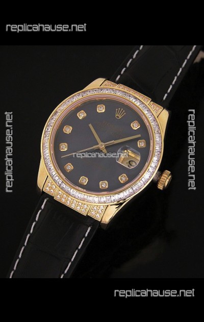 Rolex DateJust Swiss Mens Replica Yellow Gold Watch in Black Mother of Pearl Dial