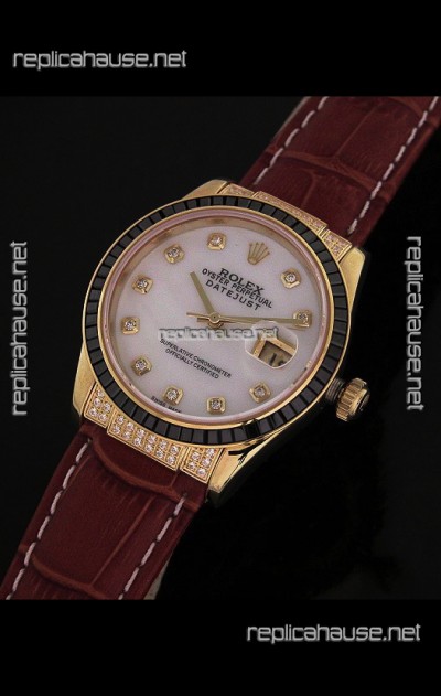 Rolex DateJust Japanese Mens Replica Yellow Gold Watch in Diamond Markers