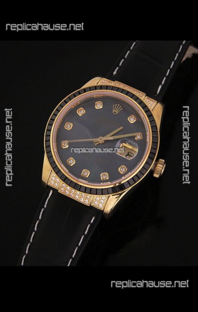 Rolex DateJust Japanese Mens Replica Yellow Gold Watch in Diamond Markers