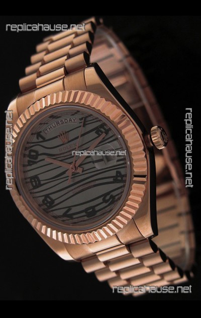 Rolex Oyster Perpetual Day Date Swiss Replica Pink Gold Watch in Waves Pattern Dial