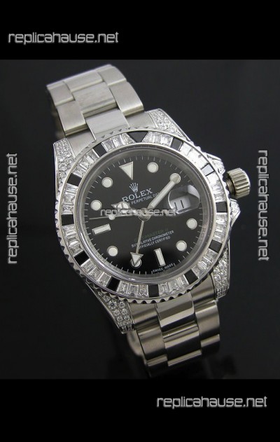 Rolex GMT Master II Swiss Replica Steel Watch in Diamond Bezel 