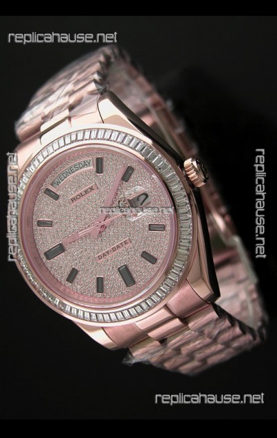 Rolex Day Date Japanese Automatic Rose Gold Watch in Diamond Bezel